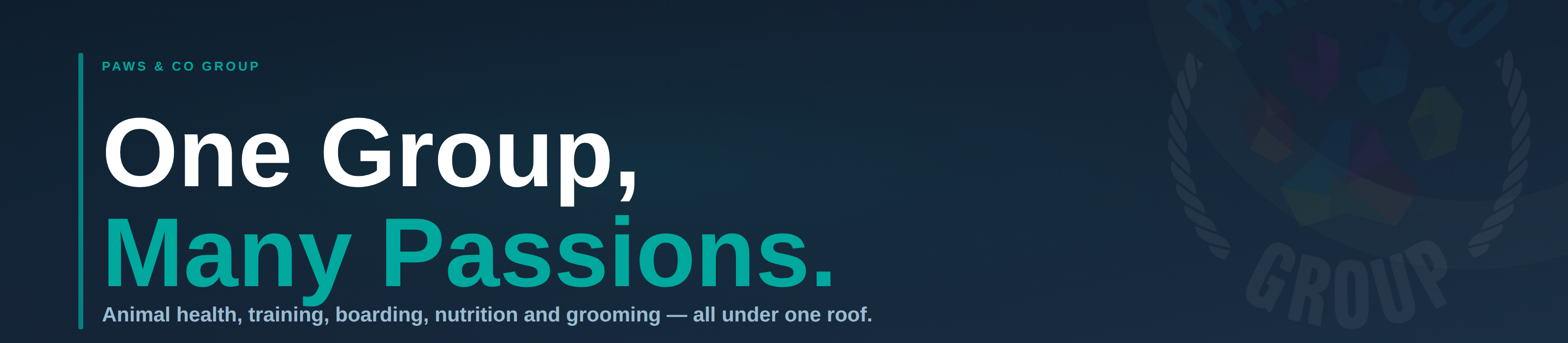 Paws & Co Group homepage banner - one group many passions, animal health training boarding nutrition and grooming all under one roof